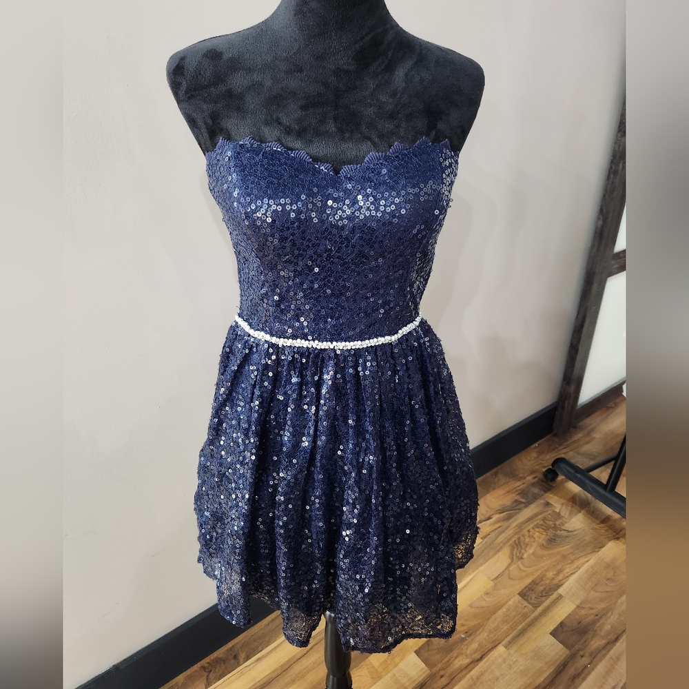 Navy Sequined Strapless Dress